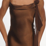 Gilded Dream Shoulder Detail Chiffon Hem Maxi Dress Chocolate