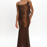 Gilded Dream Shoulder Detail Chiffon Hem Maxi Dress Chocolate