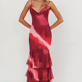 Oskar Tiered Ruffle Hem Mermaid Maxi Dress Pink