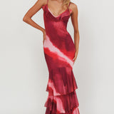 Oskar Tiered Ruffle Hem Mermaid Maxi Dress Pink