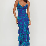 Oskar Tiered Ruffle Hem Mermaid Maxi Dress Abstract Blue