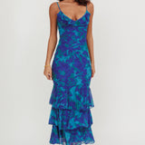Oskar Tiered Ruffle Hem Mermaid Maxi Dress Abstract Blue