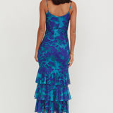 Oskar Tiered Ruffle Hem Mermaid Maxi Dress Abstract Blue