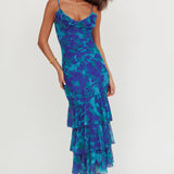 Oskar Tiered Ruffle Hem Mermaid Maxi Dress Abstract Blue