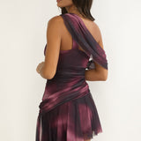 Anaisa One-Shoulder Draped Mini Dress Print Wine