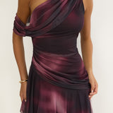 Anaisa One-Shoulder Draped Mini Dress Print Wine