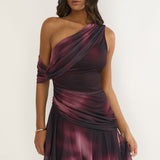 Anaisa One-Shoulder Draped Mini Dress Print Wine