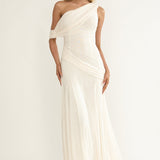 Anaisa Asymmetric Neckline Draped Maxi Dress Oyster