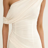 Anaisa Asymmetric Neckline Draped Maxi Dress Oyster