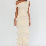 Anaisa Asymmetric Neckline Frill Maxi Dress Cream