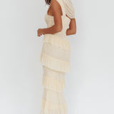 Anaisa Asymmetric Neckline Frill Maxi Dress Cream
