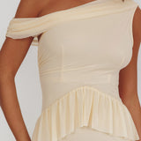 Anaisa Asymmetric Neckline Frill Maxi Dress Cream