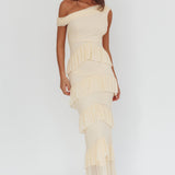 Anaisa Asymmetric Neckline Frill Maxi Dress Cream
