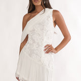 Anaisa One-Shoulder Draped Mini Dress Embellished Off White