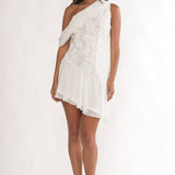 Anaisa One-Shoulder Draped Mini Dress Embellished Off White