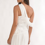 Anaisa One-Shoulder Draped Mini Dress Embellished Off White