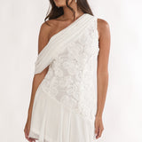 Anaisa One-Shoulder Draped Mini Dress Embellished Off White
