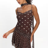 Anaisa Asymmetric Hem Mini Dress Polka Dot Chocolate