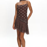 Anaisa Asymmetric Hem Mini Dress Polka Dot Chocolate