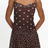 Anaisa Asymmetric Hem Mini Dress Polka Dot Chocolate