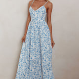 Enchanted Leaf Floral Print A-Line Maxi Dress Blue