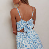 Enchanted Leaf Floral Print A-Line Maxi Dress Blue
