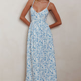 Enchanted Leaf Floral Print A-Line Maxi Dress Blue
