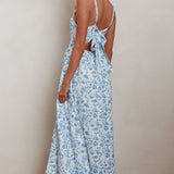 Enchanted Leaf Floral Print A-Line Maxi Dress Blue