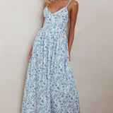 Enchanted Leaf Floral Print A-Line Maxi Dress Blue