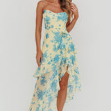 Chances Rosette Ruffle Midi Dress Floral Lemon