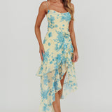 Chances Rosette Ruffle Midi Dress Floral Lemon