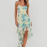 Chances Rosette Ruffle Midi Dress Floral Lemon