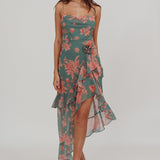 Chances Rosette Ruffle Midi Dress Floral Mint
