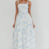 El Corazon Smocked Neckline Maxi Dress Print Blue