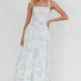 El Corazon Smocked Neckline Maxi Dress Print Blue