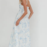 El Corazon Smocked Neckline Maxi Dress Print Blue