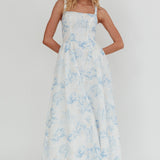 El Corazon Smocked Neckline Maxi Dress Print Blue