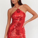 Senora Halter Sequin Mini Dress Red