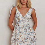 Glam Up Tied Shoulder Mini Dress Leaves Beige