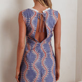 Ashtan Lace Trim Open Back Mini Dress Print Dusk Blue