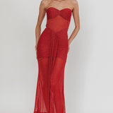 Elma Bandeau Sheer Shimmer Maxi Dress Red