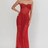 Elma Bandeau Sheer Shimmer Maxi Dress Red