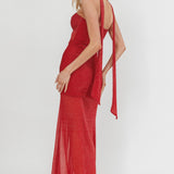 Elma Bandeau Sheer Shimmer Maxi Dress Red