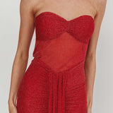 Elma Bandeau Sheer Shimmer Maxi Dress Red