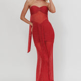 Elma Bandeau Sheer Shimmer Maxi Dress Red