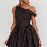 Celinda Asymmetric Neckline Balloon Mini Dress Black