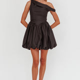 Celinda Asymmetric Neckline Balloon Mini Dress Black
