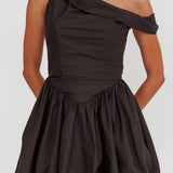 Celinda Asymmetric Neckline Balloon Mini Dress Black