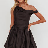 Celinda Asymmetric Neckline Balloon Mini Dress Black