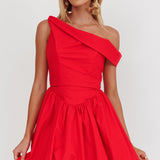 Celinda Asymmetric Neckline Balloon Mini Dress Red